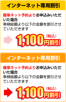 インターネット専用割引（1,000円+消費税割引）簡単ネット予約よりお申込みいただいた場合 車検総額より以下の金額を割引させていただきます。